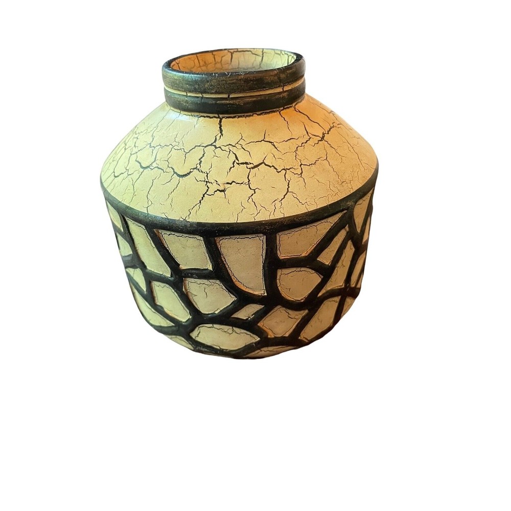 Clay Pottery Black Off White Cream Abstract Crackle Vase Decor Art 6 In